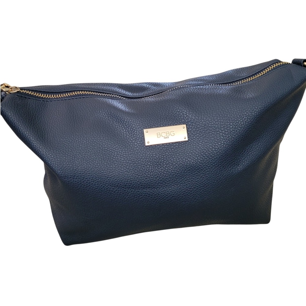 BCBG Paris Navy Pebbled Faux Leather Hobo Shoulder Bag Gold Tone Large Zip READ